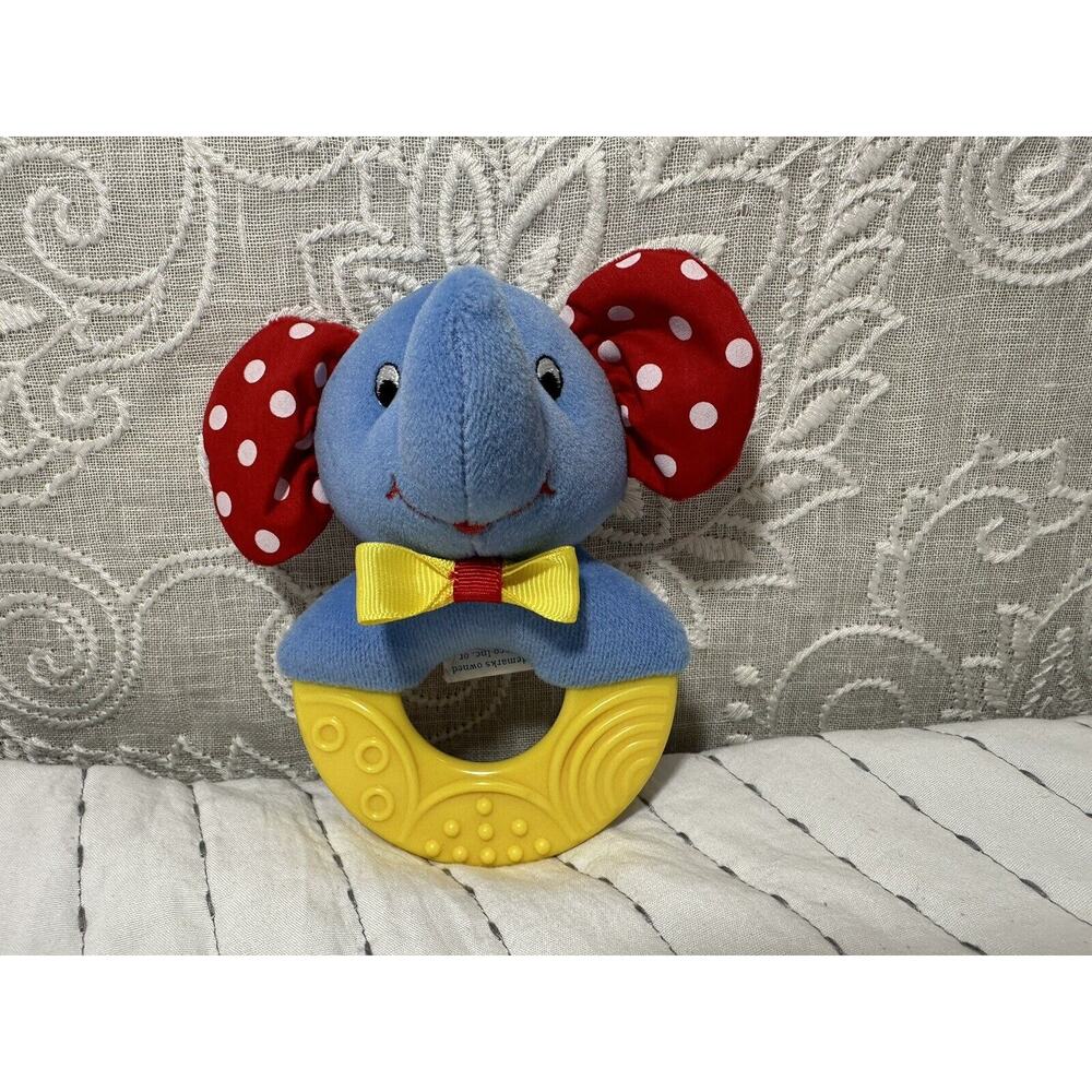 Vintage Evenflo Baby Rattle Elephant Plush Tether Ring Rattle Red Polka Dot